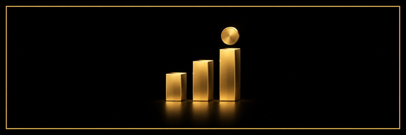 Three rising gold bars with a gold coin on the tallest bar