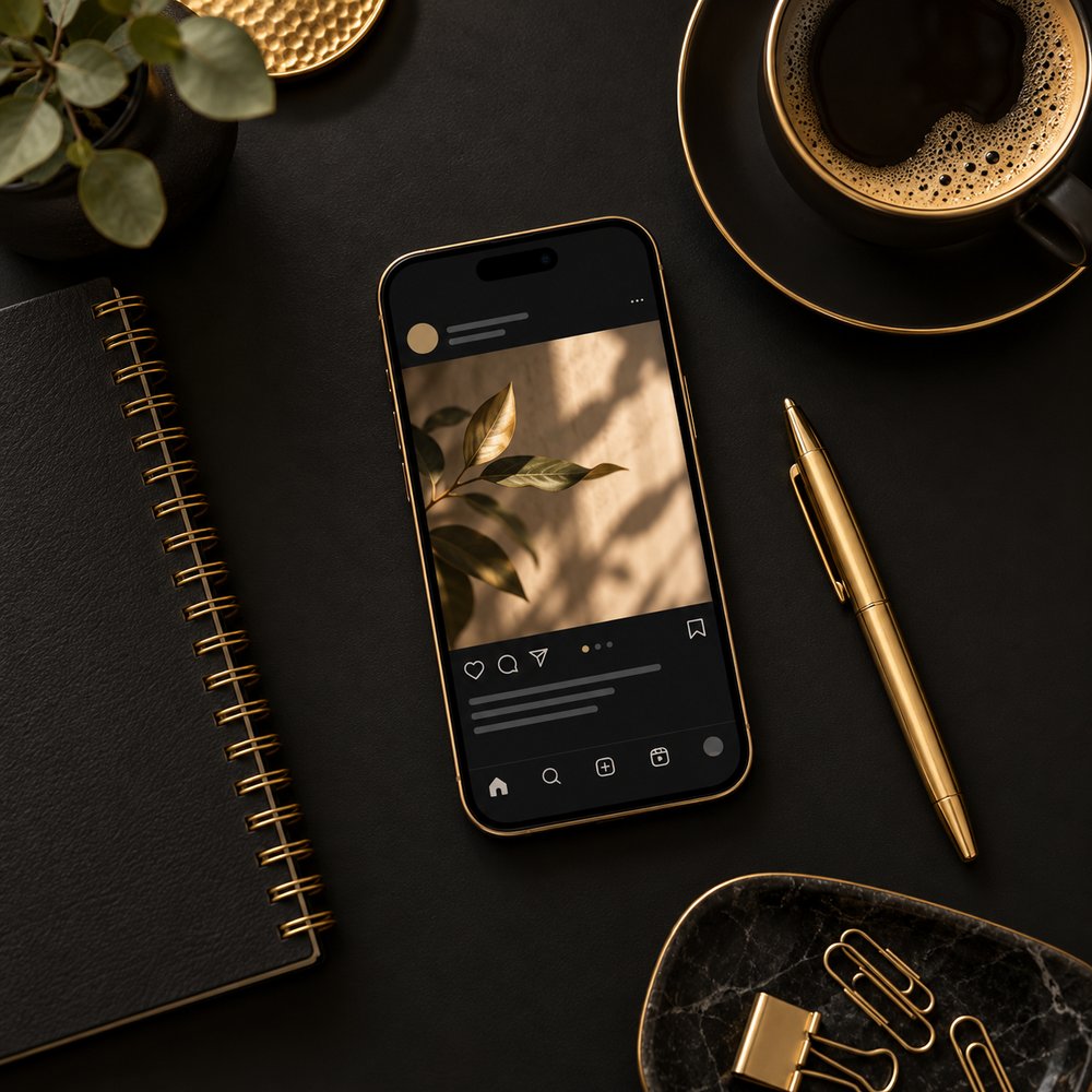 Phone showing a social post on a black desk with a gold pen and notebook